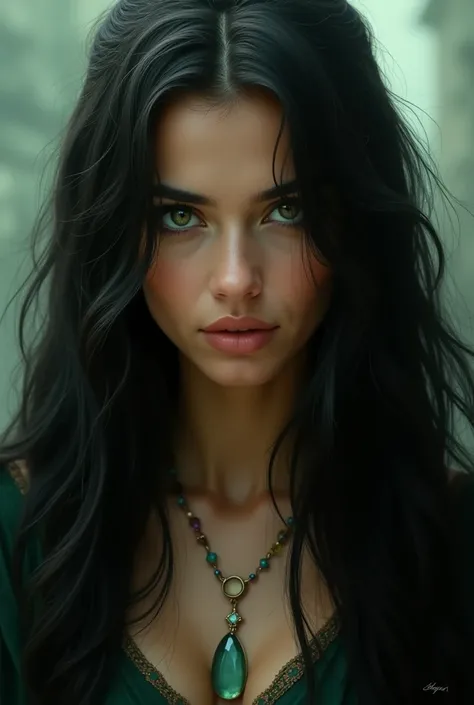 An arabic woman with long black hair and green eyes