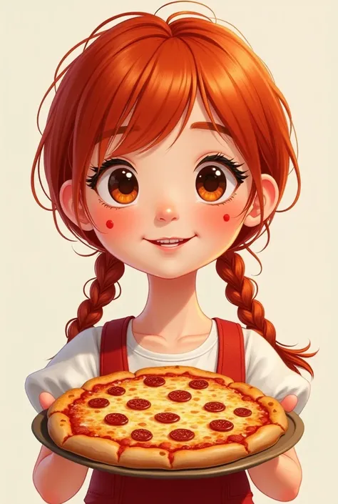 Drawing of a red-haired American peasant girl with 80s style pigtails with two polka dots on her right cheek, holding a pizza that doesn't look like anime. 