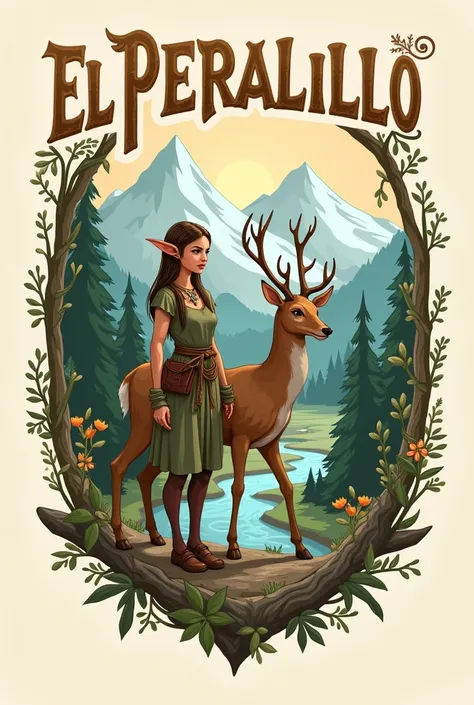 Make a logo where a forest elf appears with a deer and mountains in the background with a river and that says EL PERALILLO