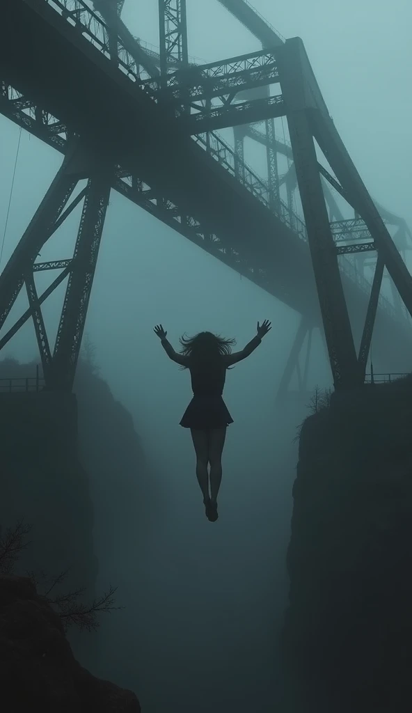 "Create an ultra-realistic, highly detailed HD image of a woman falling from the Pope Lick Trestle bridge in a dark, foggy environment. Her body is suspended mid-air, arms outstretched, and hair flowing upward as she plummets. The towering steel structure ...