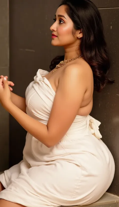  photo of sexy Anikha , curvy, hourglass figure,  swooping breasts,  deep cleavage, bath towel, in shower, seductive pose, erotic pose,  cheering for her, wavy hair, necklace,  red lips, nosering on one side of nose, jhumka, bright light photoshoot model, ...