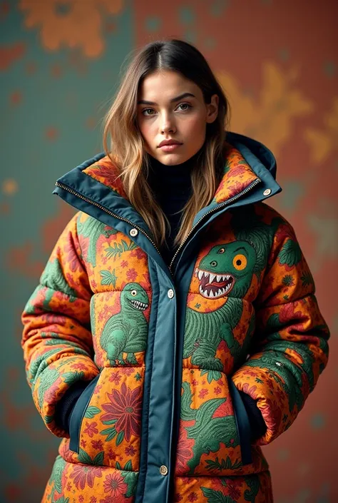 Front-view photoshoot of a naive dinosaur embroidery pattern, embroidered quilted down jacket, in the style of colorful, eye-catching compositions, thick texture, sculpted, thick volume, beautiful European model, futiriste background --ar 11 --stylize 750 ...