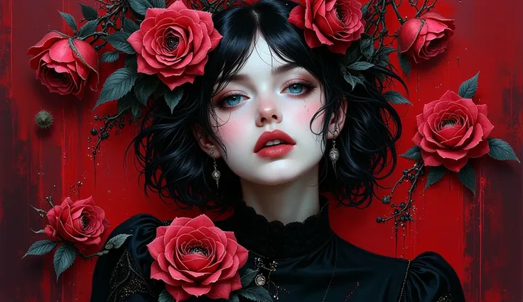 A woman with black hair and lips, wearing a black top,  adorned with an abundance of large, dark roses that cascade over her face and shoulders, set against a dark red  and black background, double exposure Monet brushstrokes, ink splashs