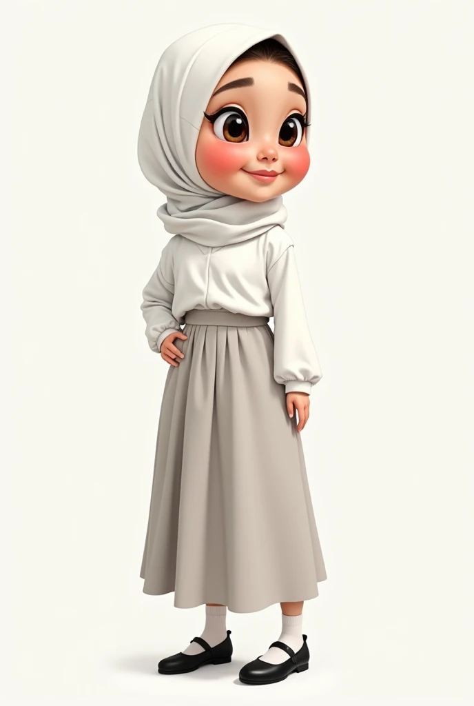  Caricature of 1 high school girl, wearing white uniform , ashy skirt , white hijab,  wearing black shoes 