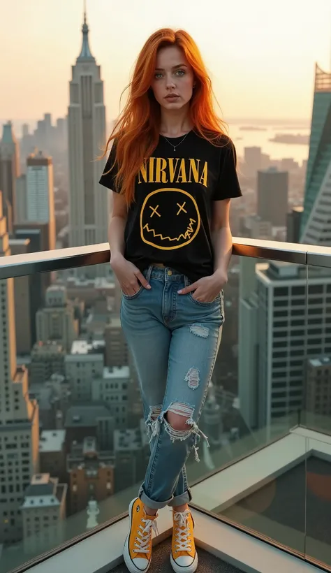 A highly realistic photograph of a stunning 24-year-old woman with long red hair, fair skin with natural freckles, and striking blue eyes, standing on the balcony of a high-rise building. She is wearing faded denim jeans, a black Nirvana band t-shirt, and ...