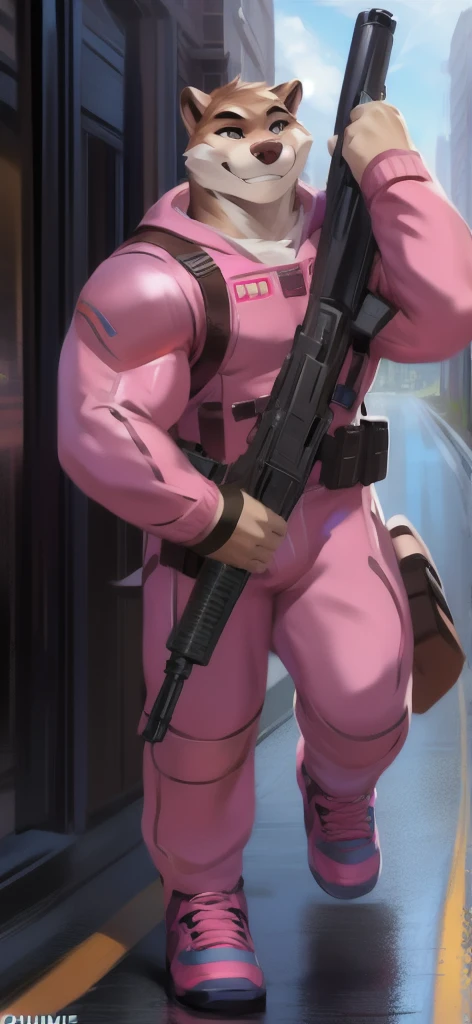  alone, male Tall​,huge​ body​, stand,Carrying a long gun as a weapon, road,pig otter ice pink ,  pink military spacesuit,  heavy overload,  muscle bundle, smirking happy ,by chunie ​