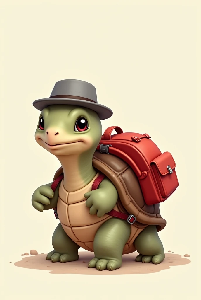 Create for me in 2D a turtle with a small gray hat and a red backpack 