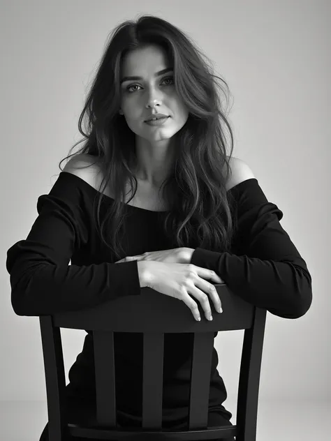 The image is a black and white portrait of a woman seated in a chair .  She wears a black blouse with bare shoulders and has long, wavy hair. She is facing the camera and the chair is upside down, She lays her arms on the back of the chair.  The bottom is ...