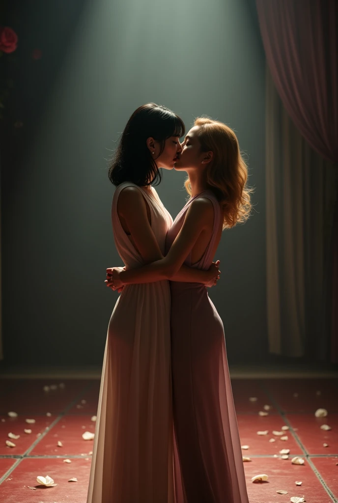 Korean woman with bangs with black hair kissing Korean woman with blonde hair on stage