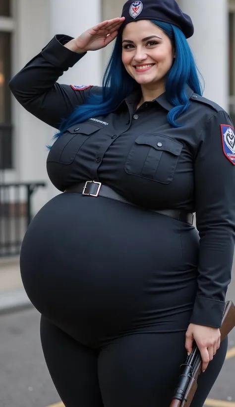 60-year-old German mature pregnant woman , 60歳のゲシュタポソルジャーpregnant mature  , pregnant mature  ,  blue military uniform  (blue-black tight mini dress ) , blue-black beret ,  blue-black coat ,  while standing still saluting ,  equipped with a very large rifle...