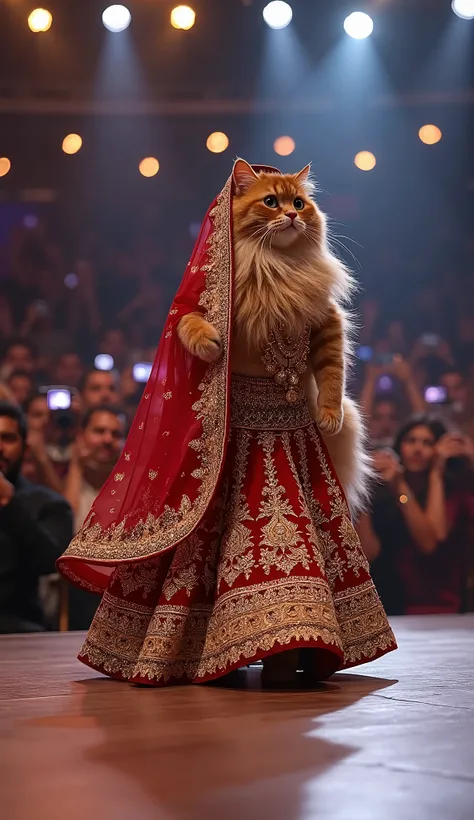 A talent show stage like America got talent"A white Persian cat walks gracefully on two legs, dressed in an elaborate Indian bridal lehenga, adorned with intricate gold embroidery and matching traditional jewelry. The cat has long, beautifully styled hair ...