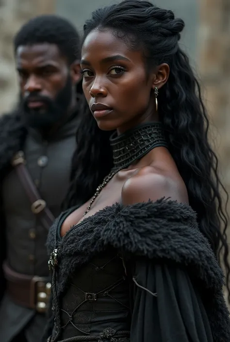  Dark-skinned Targaryen woman with fine and sexy features dressed in clothes from the Stark house, Height:1,61 long hair : body : I have big, plump breasts and wide hips hugging Cregan Stark 