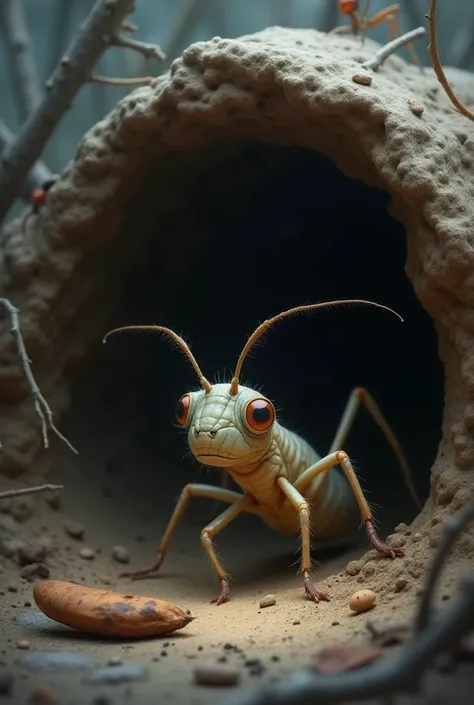 **The Cricket Begging for Food**: The cold, hungry cricket standing outside the ant's burrow, looking desperate and asking the ant for some of her stored food.
