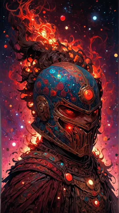  The image is a digital illustration depicting a cosmic character on a vibrant star-filled galaxy background.  The character is portrayed with a large ornamented helmet ,  adorned with three bright circular lights and intricate geometric designs .  The hel...