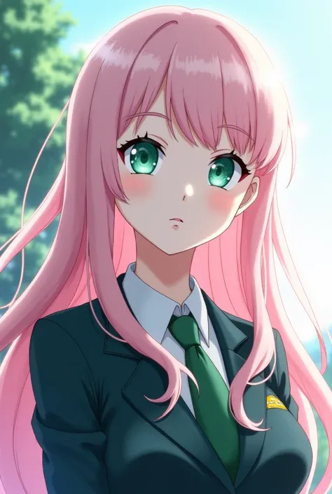  Screenshot of my hero Academia , beautiful girl with small, slanted eyes tilted upwards, of water green color  , white skin, long and very wavy hair ,pale pink , in the uniform of the u.a.