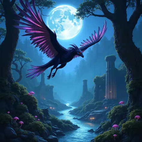  An agile and mysterious Microraptor glides among the ancient trees of a prehistoric forest illuminated by a giant moon and a starry sky.  His  covered with iridescent feathers reflects metallic blue , violet and black,  giving it a mystical aura .  Its fo...