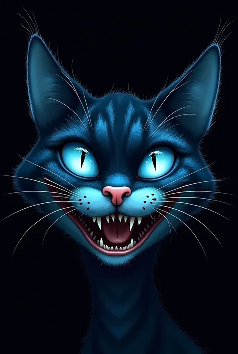 Make a cat art from Alice in Wonderland black and blue focusing on her smile and eyes, The art should focus only on the cat's face and the background must be black