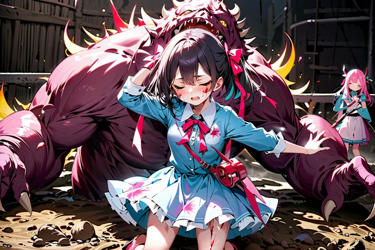 少女のwhole bodyが見える,  女の子は monstersに噛まれる    ,     the girl has a look of fear    、,  the girl is crying  ,   ( monstersが女の子をリンチします  、    the girl has a distressed expression   、少女と  monstersの戦い ,   monsters catch the girl and lift her up,   monstersに噛まれる女の子:...