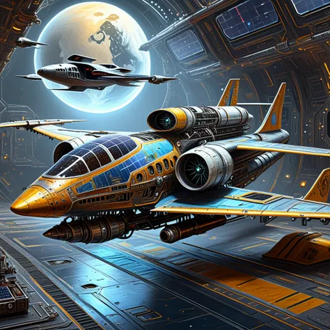 Create a stunning full-body epic fantasy RPG painting of a futuristic technopunk plane, combine solarpunk and lunarpunk, aerospace ship, tecnopunk, aesthetics of Sword and Sorcery, references of solarpunk and lunarpunk culture and the great concepts of Hig...