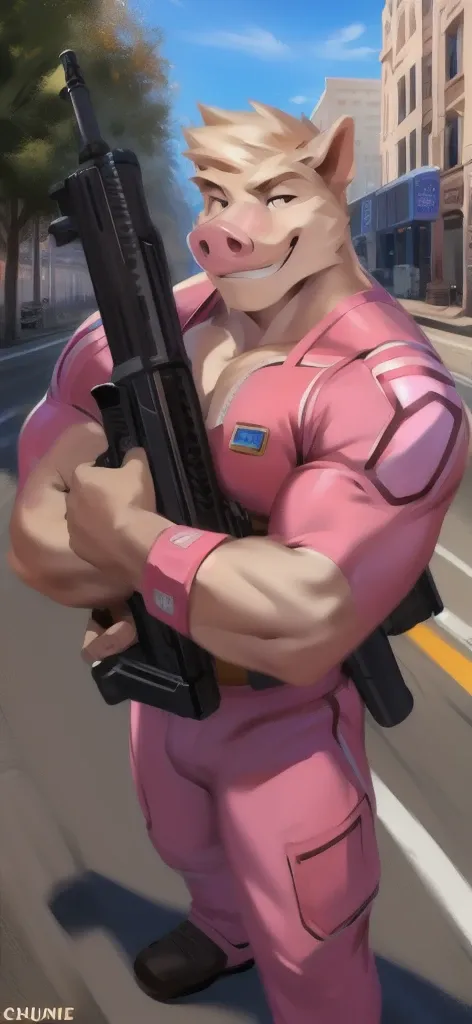  alone, male Tall​,huge​ body​, stand,Carrying a long gun as a weapon, road,pig mammoth ice pink ,  pink military spacesuit,  heavy overload,  muscle bundle, smirking happy ,by chunie ​