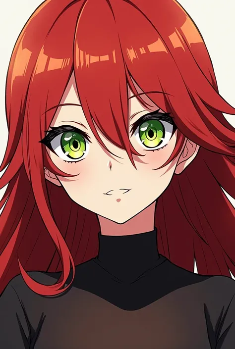  Anime of kimetsu no yaiba adolescent woman with long red hair ,  the electric almost green yellow eyes and the completely black sclera  