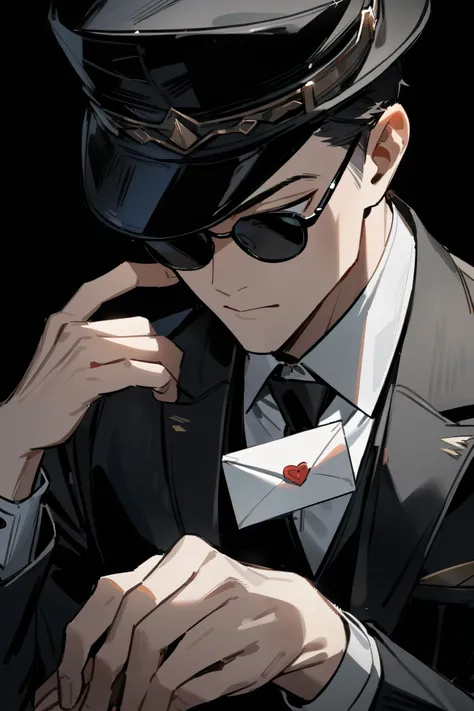 1 man, face,  dark glasses, black hat, black suit,  looking down, Putting my hand on the hat,  looking at the spectator,  black background,  masterpiece,  borrowed letter ,  high resolution