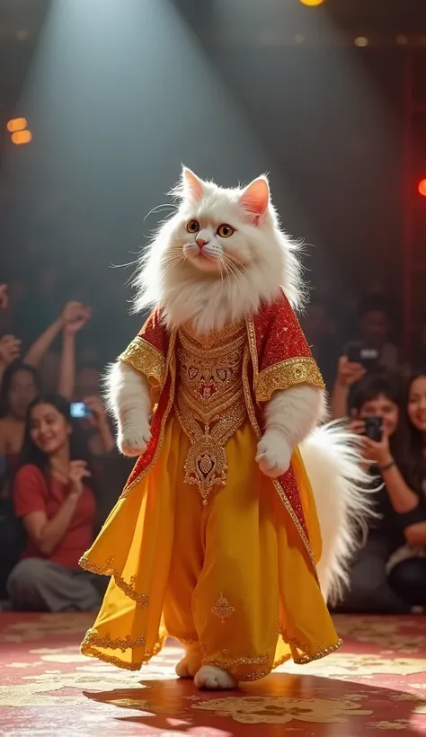 A talent show stage like America got talent"A white Persian cat walks gracefully on two legs, dressed in an elaborate Yellow gown, adorned with intricate gold embroidery and matching traditional jewelry. The cat has long, beautifully styled hair under a re...