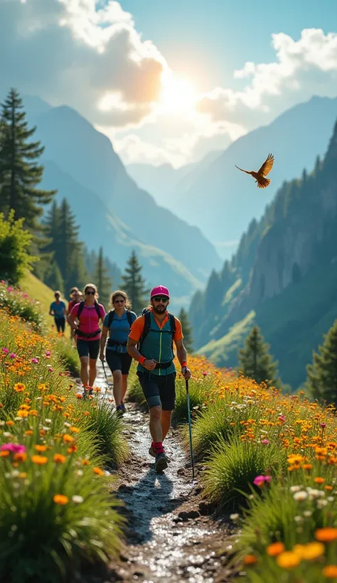  group of people walking with colorful sportswear and hiking pole,  sunglasses colored sports cap in the green mountains with trees,  COLORFUL FLOWERS,  Colored birds flying with a stream of water, sol al fondo