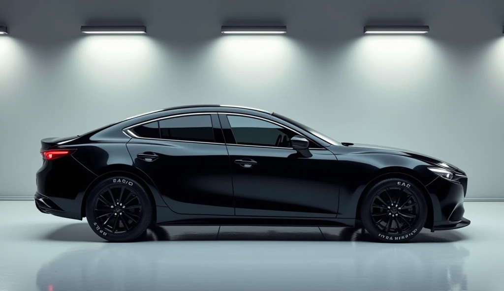 "A sleek, futuristic black Mazda sedan viewed from the right side in a clean, modern garage. The car showcases its aerodynamic bodylines, tinted windows, large black alloy wheels with white sidewall tire lettering, and a glossy paint finish. The sleek prof...