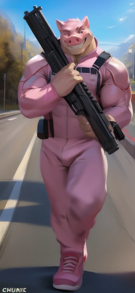  alone, male Tall​,huge​ body​, stand,Carrying a long gun as a weapon, road,pig crocodile​ ice pink ,  pink military spacesuit,  heavy overload,  muscle bundle, smirking happy ,by chunie ​