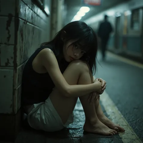 night, side shot of naked body,Elementary school girl, has bangs,Hairstyle with visible ears, Dirty Black Tank Top,dirty white shorts ,barefoot, rough skin,Dirty Skin,Sitting in the corner of Shinjuku station,Looking sleepy,Figures in the background, Brigh...