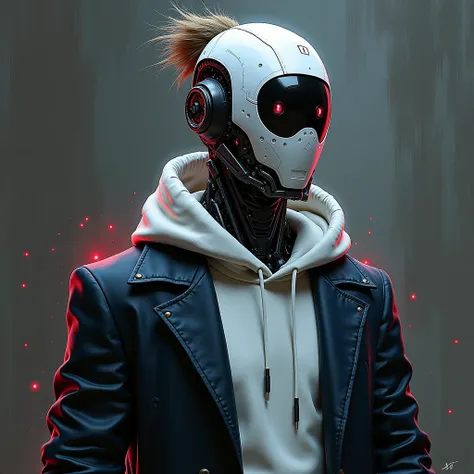 "Create an expressionist painting of a futuristic robot with a striking, intricate mask featuring mechanical details and a unique hairstyle. The robot should be dressed in a layered outfit, combining a casual hoodie with a sleek jacket, conveying a sense o...