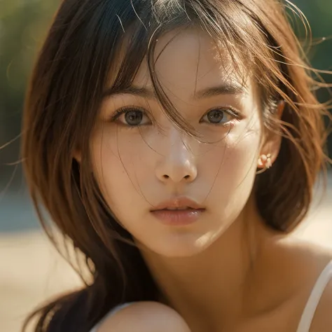 A hyper-realistic image of a single Japanese woman in her early 20s, captured with the nostalgic warmth and subtle graininess of a film camera. Her skin has a warm beige tone with a natural, slightly rough texture that includes visible pores, fine lines, a...