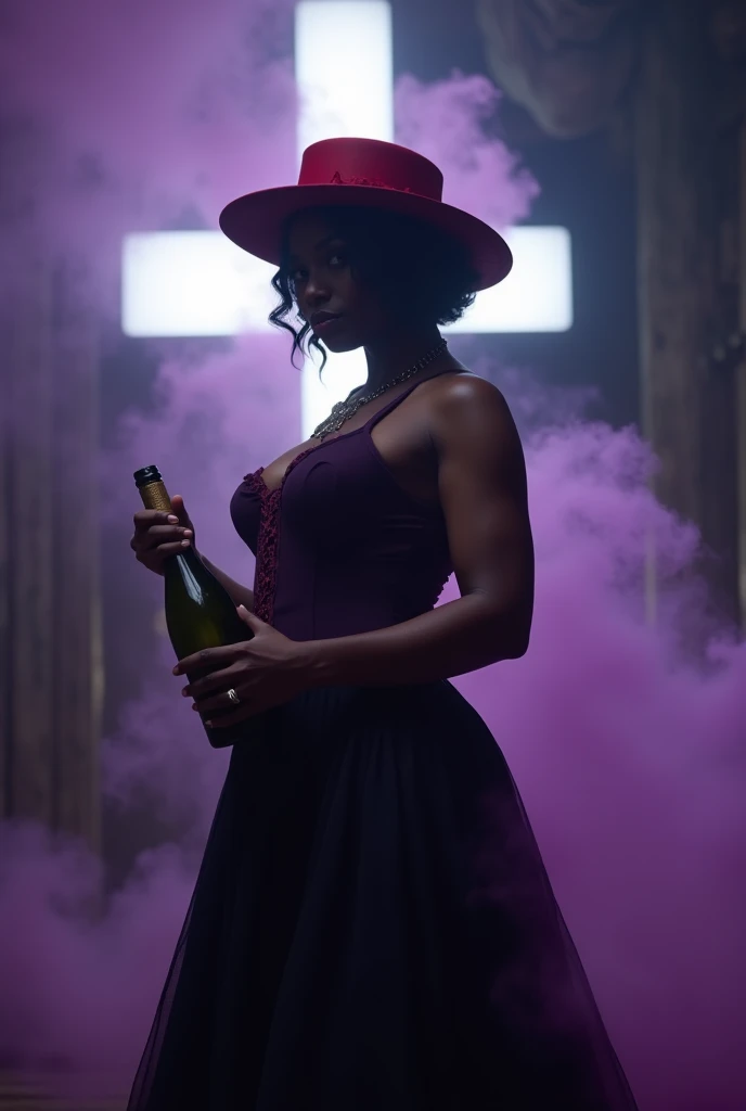  A highly detailed and realistic 8K Ultra HD image of Maria Quitéria ,  represented as a powerful and majestic entity inspired by the Pombagira of a cemetery ,  with strong aesthetic influence of Quimbanda .  She is a 40-year-old black woman , with a robus...