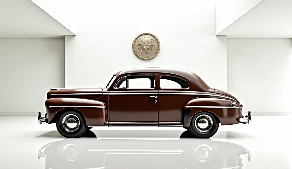 Generate right side view image of (ford super de Luxe1946)in ( brown ) . It is place on a luxurious white showroom. (Company) Badge is prominently display large on the wall behind the car.