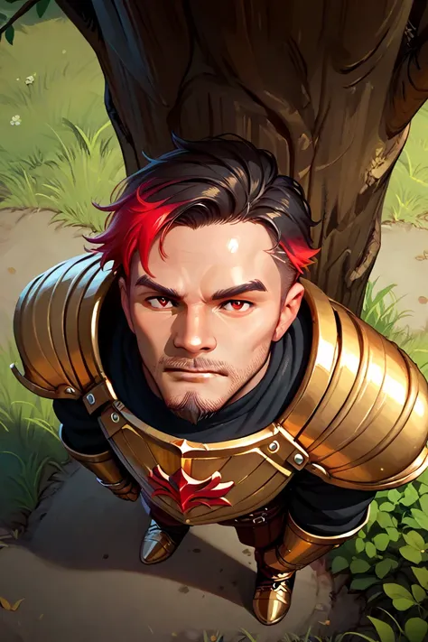 Create a dark-skinned black man, With gradient hair short black with red highlights, with goatee,  with blood red eyes , bronze armor with gold and diamond details and black stones,  leaning against a tree , with a view of a castle ,Overhead Shot (Total di...