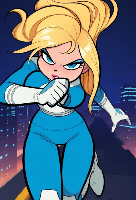 best quality, amazing quality, very aesthetic, absurdres,
BREAK
1girl,BREAK susan storm, susanrichards, blonde hair, long hair, blue eyes, bodysuit, turtleneck, makeup, bodysuit, skin tight, skin tight blue suit, 4 symbol on chest, white gloves, boots, lar...