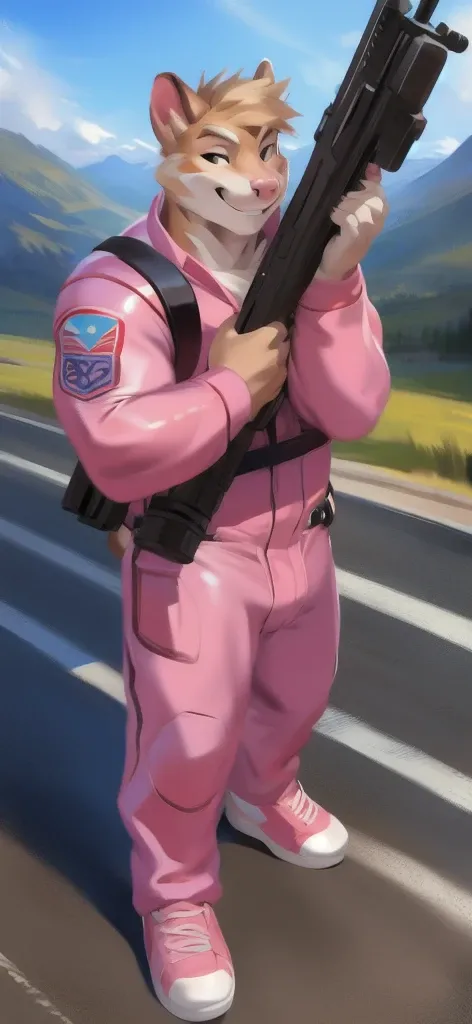  alone, male Tall​,huge​ body​, stand,Carrying a long gun as a weapon, road,pig hamsters ice pink ,  pink military spacesuit,  heavy overload,  muscle bundle, smirking happy ,by chunie ​