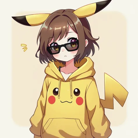 A cute anime boy is wearing a hooded hoodie and sunglasses from Pikachu