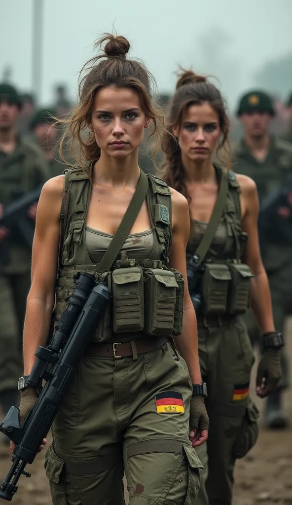 Two identical brown-haired German female soldiers with messy hair tied back, wearing dirty and torn camouflage gear, exposing part of their chests, exposing their physiques. They had German flag logos on their arms, he was walking around carrying an Ar-15 ...