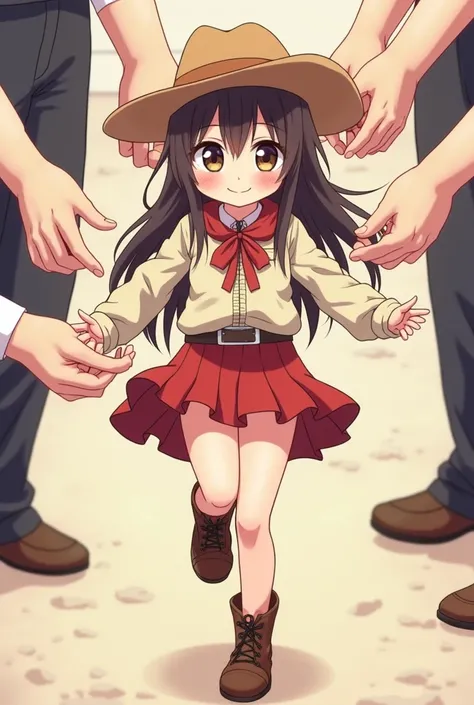 Anime very cute chibi little cowgirl 9years old wearing a very short skirt and wearing shoes full body image with a group of men's hands around her body hands holding girl's hands and hands holding girl's legs and hands touching girl's thigh and hands touc...