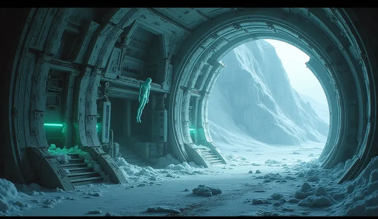 Interior of an abandoned alien spaceship, horror atmosphere, some chambers with aliens inside amidst glaciers