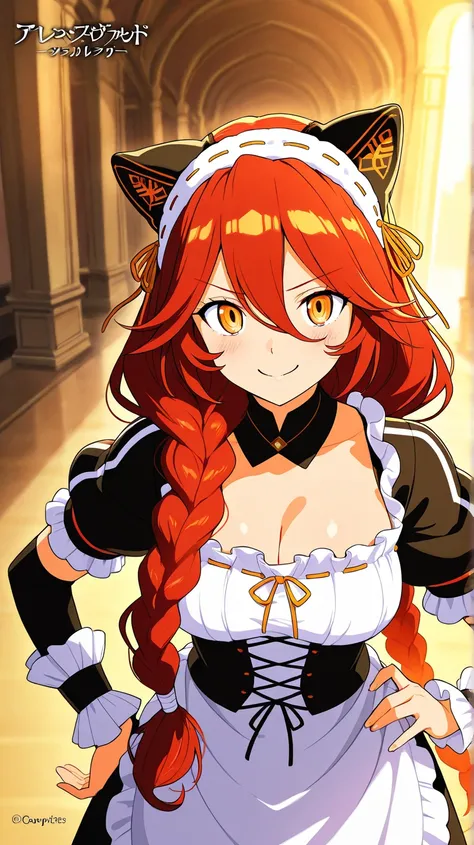 An anime-style illustration of Lupusregina Beta from Overlord, standing confidently with a playful smile. She wears her signature red and white battle maid outfit, adorned with frilly accents and a matching headband with wolf-like ears. Her vibrant red hai...