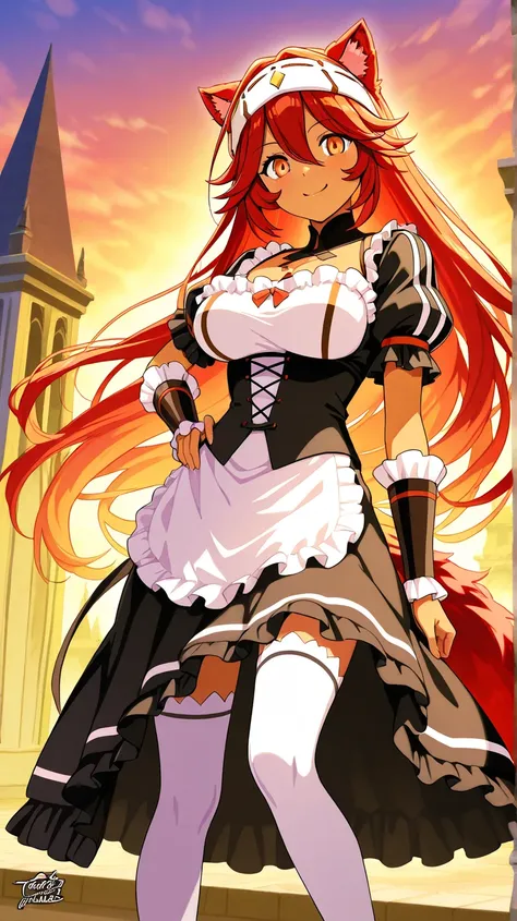 An anime-style illustration of Lupusregina Beta from Overlord, standing confidently with a playful smile. She wears her signature red and white battle maid outfit, adorned with frilly accents and a matching headband with wolf-like ears. Her vibrant red hai...