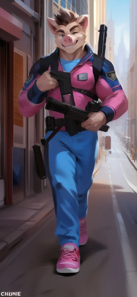  alone, male Tall​,huge​ body​, stand,Carrying a long gun as a weapon, road,pig hedgehog ice pink ,  pink military spacesuit,  heavy overload,  muscle bundle, smirking happy ,by chunie ​