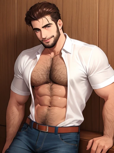 solo Armenian man, big body, short wavy brown hair and (brown eyes), wearing open white shirt and jeans, hairy chest, showing off hairy chest, sexy posing, smirk, hairyalpha