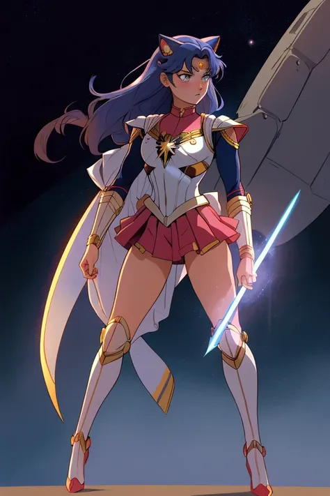 Usagi Tsukino/Sailor Moon dressed as Captain Marvel, cat ear,  body suit armor,  gauntlet,  full-body images,   blue armor, skirt,anime ,Sailor Moon skirt , use  armor  magic,   holding long  swords,  blues  hair  , short hair 