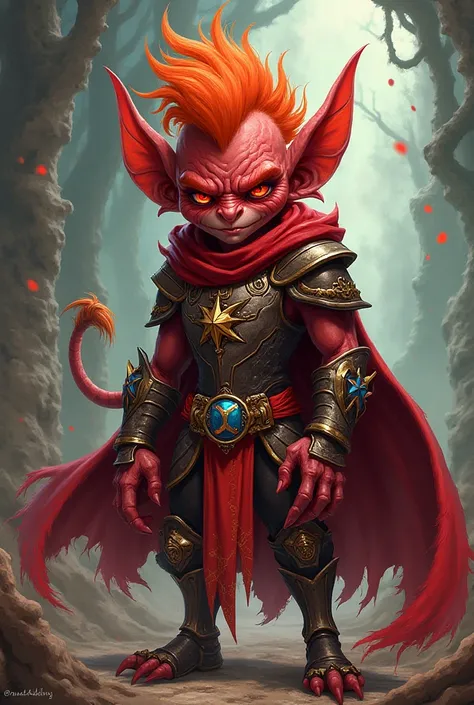 Create an illustration looking like a red goblin from Magic cards with a cleric's armor, drawing must be done in anime style.