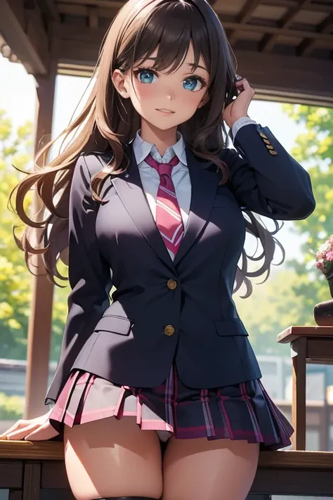 (best quality,ultra-detailed,photo-realistic:1.37), bright and vibrant colors, studio lighting, Shy expression, stylish makeup, 1 girl, long wavy brown hair, alluring eyes, bright green eyes, glossy lips, Japanese school uniform, dark blazer, tie, black th...