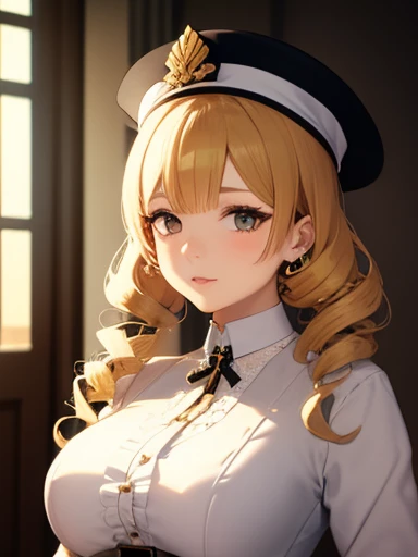 (Highest quality:1.24, Very detailed, Delicate and beautiful CG art, Detailed illustrations, High detail, masterpiece:1.2, Highest quality, Best aesthetics), (((1 Girl))), (Tomoe Mami, White shirt, corset, hat, Big Breasts, Droopy eyes:1.4, Twin Drill), Sh...